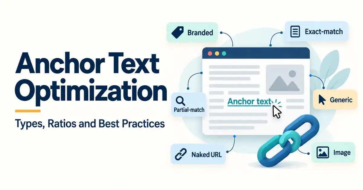 Anchor text optimization graphic showing a clickable link and six anchor types: branded, exact-match, partial-match, generic, naked URL and image.