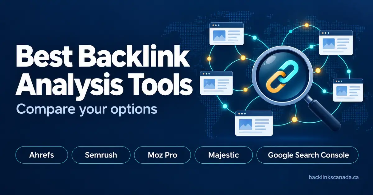 A magnifying glass highlights a backlink network beside the heading “Best Backlink Analysis Tools” and labels for Ahrefs, Semrush, Moz Pro, Majestic and Google Search Console.