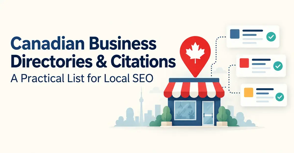 A Canadian storefront beneath a maple leaf map pin connects to verified directory listings, illustrating business citations for local SEO.