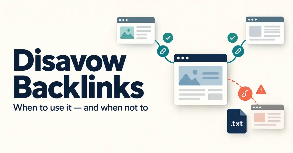 Graphic showing useful backlinks connected to a website and a suspicious backlink marked with a warning beside a disavow text file.