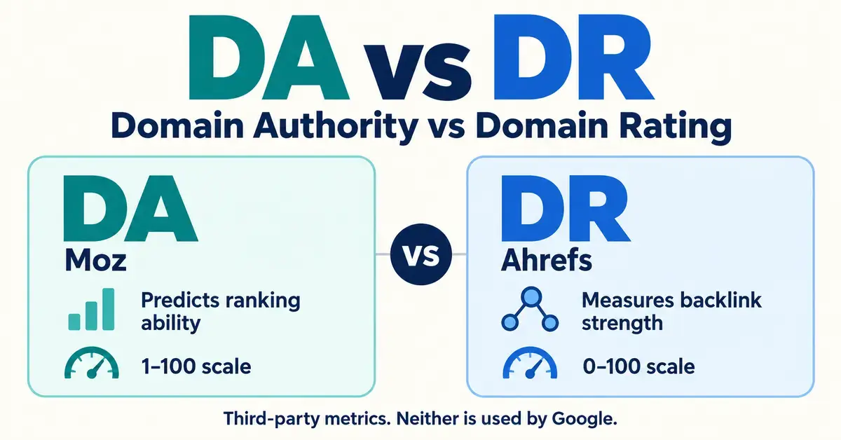 A comparison of Moz’s Domain Authority (DA) and Ahrefs’ Domain Rating (DR), showing their purposes and scoring scales and noting that neither metric is used by Google.