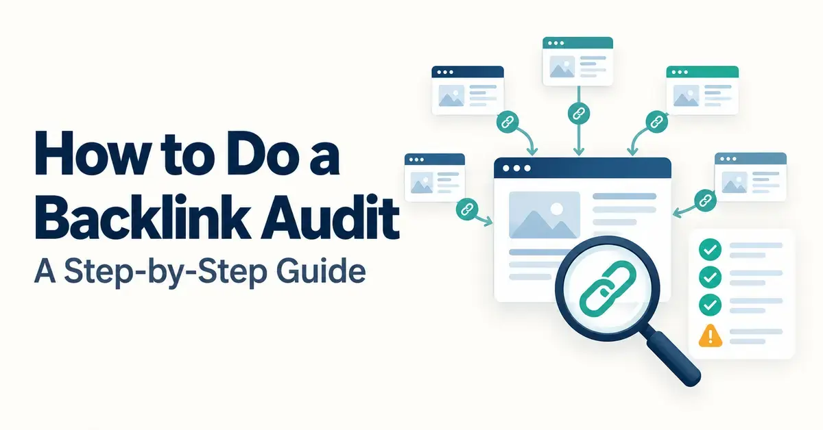 Backlink audit graphic showing connected websites, a magnifying glass over a link, and a checklist with check marks and a warning symbol.