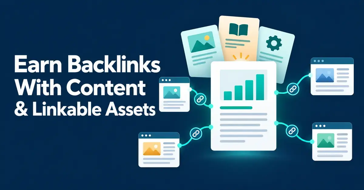 Illustration of research, guides and tools connected to website cards by chain links, showing how valuable content earns backlinks.