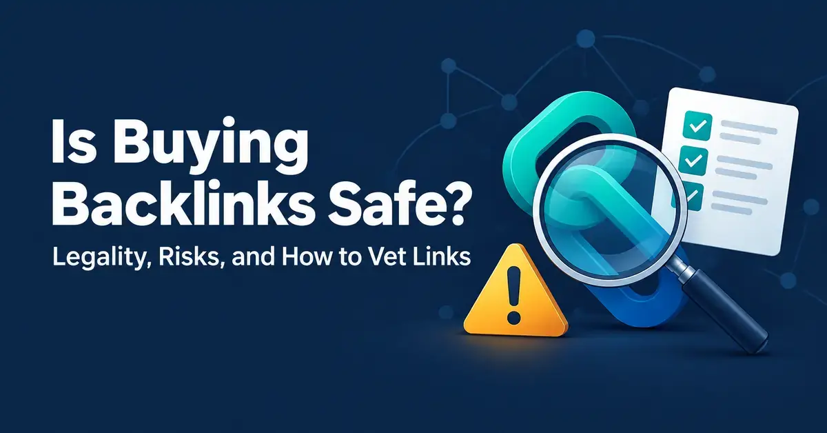 Magnifying glass inspecting interlocking links beside a warning symbol and checklist, with the title “Is Buying Backlinks Safe?” and subtitle “Legality, Risks, and How to Vet Links”.