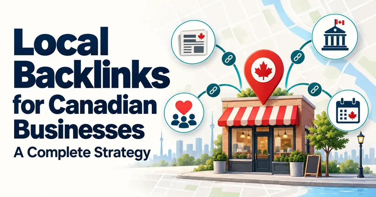 Canadian storefront connected by backlink symbols to local news, a chamber of commerce, community groups and events beneath the title Local Backlinks for Canadian Businesses.