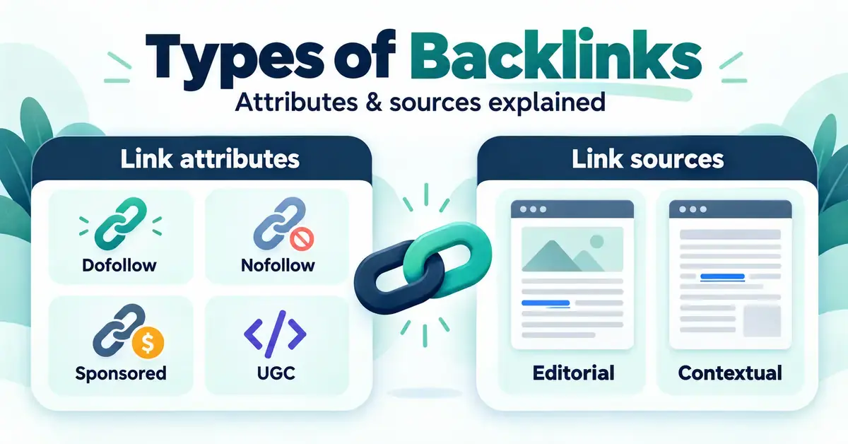 Graphic grouping dofollow, nofollow, sponsored and UGC backlinks as link attributes, and editorial and contextual backlinks as link sources.