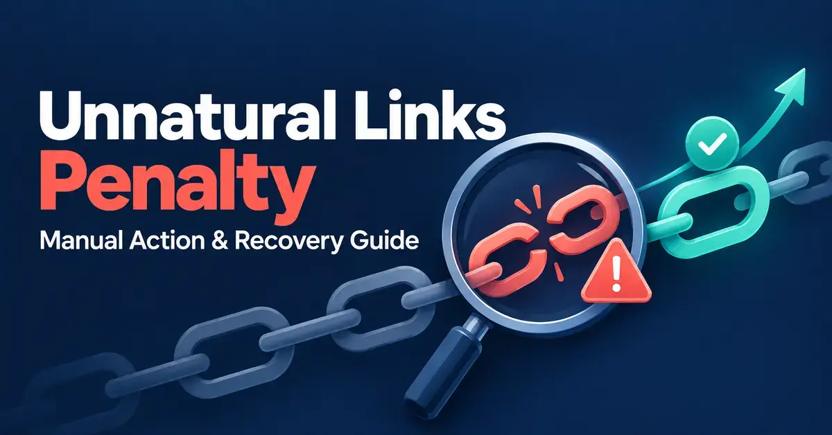 A magnifying glass highlights a broken backlink beside a warning symbol, with a teal checkmark and rising arrow illustrating unnatural links penalty recovery.