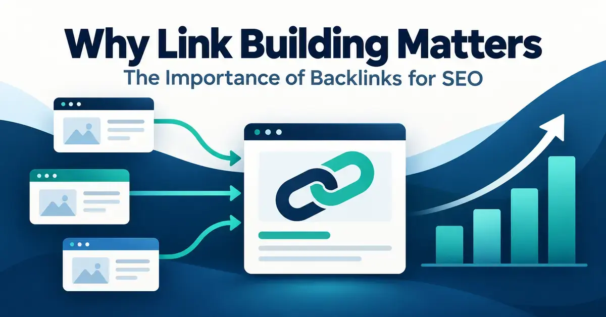 Three webpages link to a central website beside a rising bar chart, illustrating how backlinks support SEO growth.